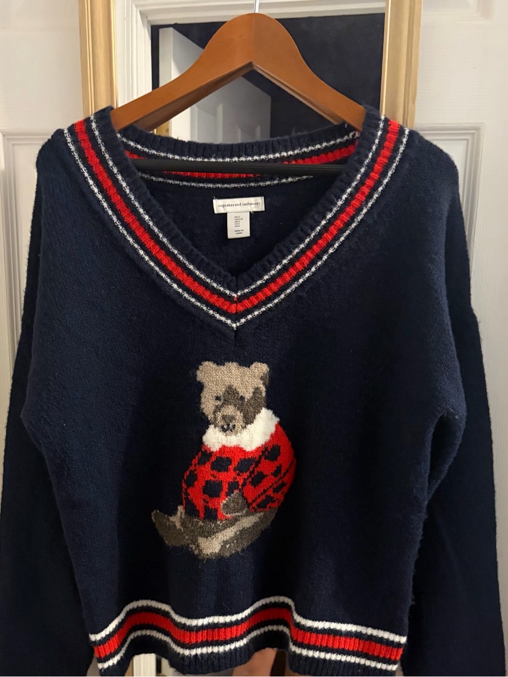 cupcakes & cashmere Navy V-Neck Sweater with Bear Intarsia and Red Stripe Trim